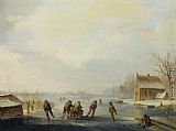 Skaters Canvas Paintings - Skaters on a frozen waterway